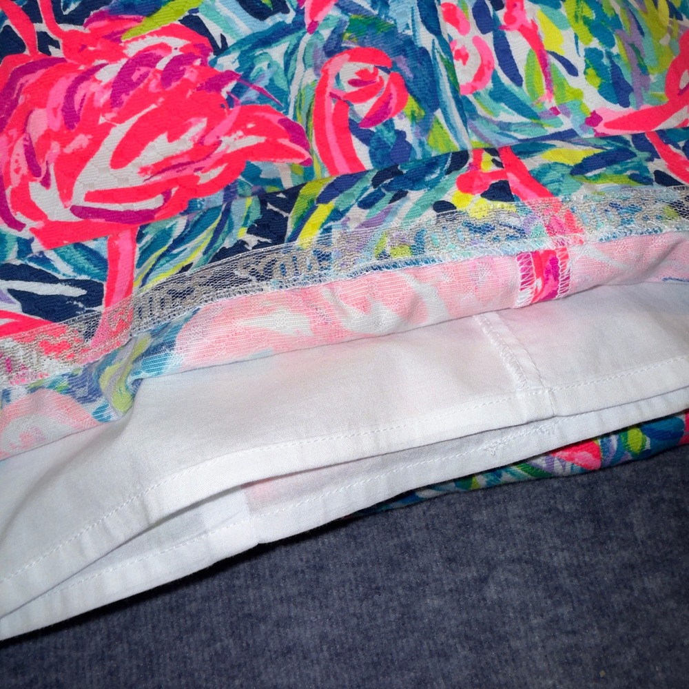 Lilly Pulitzer Pink Flamingo Tassel Lace Up Shift Dress Size 8 Navy Chevron Trim - Picture 8 of 8